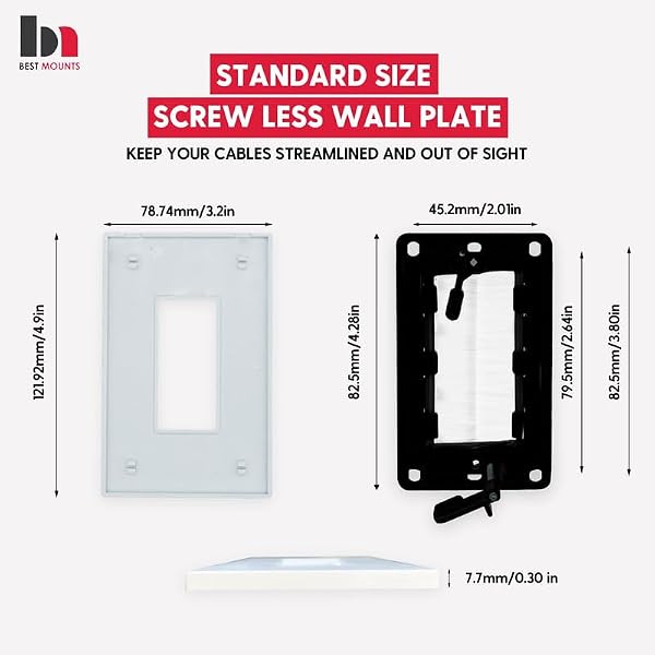 Set of 2 Brush Wall Plate Cable Pass through with Brackets - Screw less In Wall Cable Management Kit - Snap-on Single Gang Wall Cover Plate for Low Voltage Cables - TV Cord Hider for Wall Mounted TV by Best Mounts - Used condition - Image 4