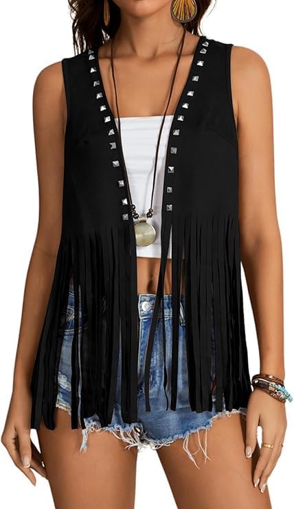 GORGLITTER Women's Western Fringe Vest Country Cowgirl Outfits 70s Hippie Faux Suede Tassel Jacket Cardigan - Image 4