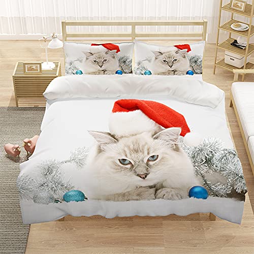 Housse de couette 220x240 chat de Noël blanc, l'idée cadeau d'anniversaire idéale