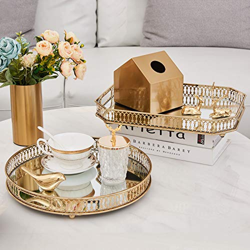 Luludada Big Large Metal Gold Decorative Glass Mirror Centerpieces Organizer Bathroom Counter Storage Perfume Jewelry Holder Serving Cologne Tray For Dresser Vanity Coffee Table (Rectangle,14 Inch) #TOP2