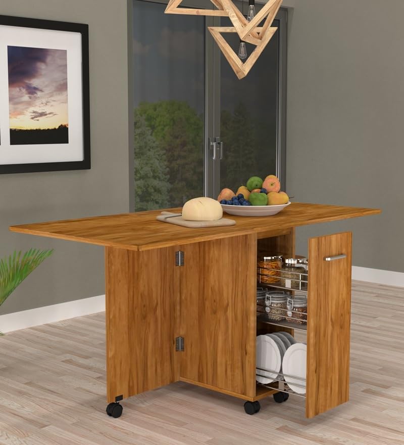 Image of SPECIALITY PANELS Folding Dining Table with 6 Wheels | Engineered Wood | Compact Design | Tables for Small Spaces | Termites Resistance | Kitchen Table in Cochwood Dark Finish