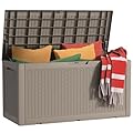 MAIUSCOLI 100 Gallon Outdoor Deck Box,Storage Lockable Waterproof Patio Furniture,Garden Tools,Cushions,Pool Accessories Outside Storage Resin Box(Grey)
