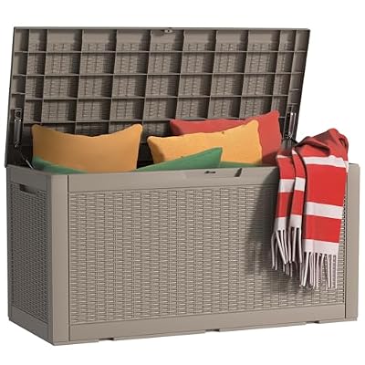 MAIUSCOLI 100 Gallon Outdoor Deck Box,Storage Lockable Waterproof Patio Furniture,Garden Tools,Cushions,Pool Accessories Outside Storage Resin Box(Grey)