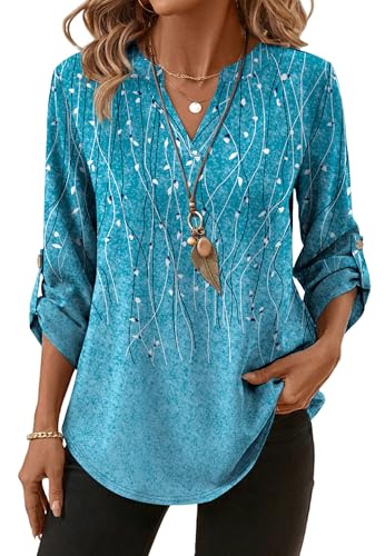 Image of XIEERDUO 3 /4 Length Sleeve Womens Tops V Neck T Shirts Both Side Buttons Blouses Business Casual Outfits Loose Fit