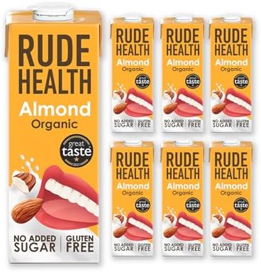 Rude Health 6 x 1 Litre Organic Almond Dairy-Alt Milk, 100% Natural Organic Drink, Lactose Free, Dairy Free & Gluten-Free, No Added Sugar, Award-Winning, Healthy & Vegan, 100% Recyclable Packaging