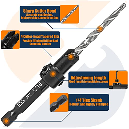 Countersink Drill Bit Set 5Pcs Hss M2 With Adjustable Drill Bit Depth Stop, Tapered Drill Bits Secured With 1/4 Inch Quick Change Hex Shank And Allen Wrench #TOP2