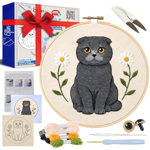 Eflin Punch Needle Kits Adults Beginner Cute Scottish Fold Cat Punch Needle Kit for Beginners with Daisy Pattern Natural Bamboo Hoop Yarns Tools Tutorial Video Rare Gift for Craft Kits Decors
