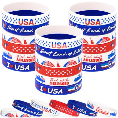 4th of July Party Favors Silicone Bracelets Patriotic Red White Blue Rubber Wristbands American Flag Accessories for Kids Adults Independence Day Parade Decorations Classroom Gifts Prizes 30Pcs