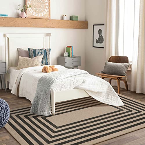 Lahome Modern Geometric Easy Jute Rug, Black 5X7 Area Rugs For Living Room Washable Kitchen Mat, Large Contemporary Office Dining Room Rug Thin Farmhouse Throw Rug For Bedroom Dorm Rv Outdoor #TOP5