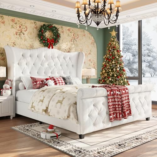 koorlian King Size Platform Bed Frame,Upholstered Sleigh Bed with 51 inch Tall Headboard Footboard,Modern Chenille Bed,Luxury Button Tufted,Sturdy Wood Slats Support,Cream