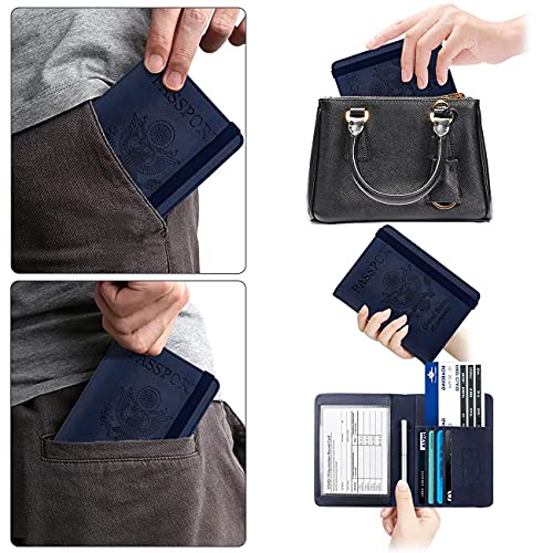 Image of WALNEW Passport Holder for Travel, RFID Passport Cover Wallet for Women Men, PU Leather Passport Book Card Holder Case with Pen (Upgraded, Upgraded-Navy Blue)