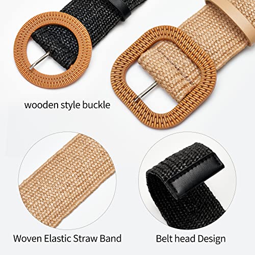 Luchengyi Women Straw Woven Elastic Stretch Waist Belt Skinny Boho Ladies Braided Dress Belt With Wood Buckle #TOP2