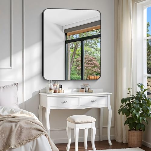 Image of Bathroom Mirror, 36 x 30 inch Metal Framed Black Rectangle Mirror, Rounded Corner Rectangular Vanity Mirror, Wall Mounted Mirror for Modern Bedroom Living Room Hangs Horizontal or Vertical