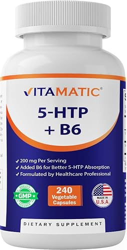 Vitamatic 5-HTP 200mg con B6 5mg por porción - 240 cápsulas vegetarianas (5-hidroxitriptófano) - (extracto de semilla de Griffonia Simplicifolia)
