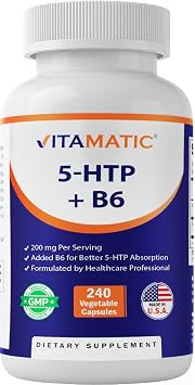 Vitamatic 5-HTP 200mg with B6 5mg Per Serving - 240 Vegetarian Capsules 5-Hydroxytryptophan - Griffonia Simplicifolia Seed Extract