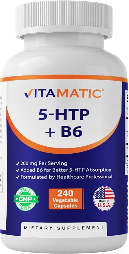 Vitamatic 5-HTP 200mg with B6 5mg Per Serving - 240 Vegetarian Capsules (5-Hydroxytryptophan) - (Griffonia Simplicifolia Seed Extract)