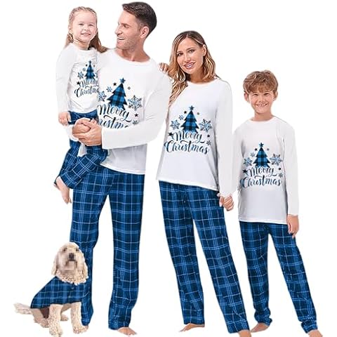 Awoscut Christmas Family Matching Pajamas Sets Christmas PJ's Letter Print Top and Plaid Pants Jammies Sleepwear (#b-7, Dog, S) Cover