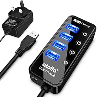 Powered USB Hub, atolla USB Hub with 4 USB 3.0 SuperSpeed Data Ports and 1 USB Smart Charging Port, USB Splitter with Individual On/Off Switches and 5V/3A Power Adapter
