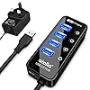 atolla USB Hub with 4 USB 3.0 SuperSpeed Data Ports and 1 USB Smart Charging Port, USB Splitter with Individual On/Off Switches and 5V/3A Power Adapter