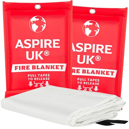 ASPIRE UK 1M x 1M Fire Blanket – 2 Pack Fibreglass Fire Suppression Blanket, Designed for Kitchen, Home, Office & Caravan Use, Emergency Safety Blanket for Cooking & Small Fires