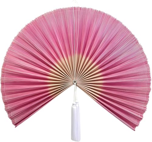 SUCHUBU Bamboo Fan Wall Decor – Japanese Hanging Art Headboard, Boho Folding Asian Style, Natural Ivory Home Aesthetic - Lightweight Easy to Hang Over Bed Decor (Pink White, Large)