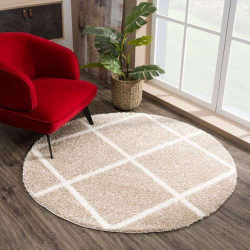 SAGON Round Shaggy Carpet Rug | Soft Plush Anti Skid Floor Carpet for Living Room & Bedroom| 3 x 3 Feet Beige Box