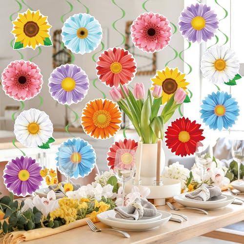Image of 40Pcs Spring Flowers Hanging Swirl Decorations, Spring Summer Party Ceiling Hanging Swirls Floral Swirls Streamers for Springtime Easter Birthday Wedding Party Decor