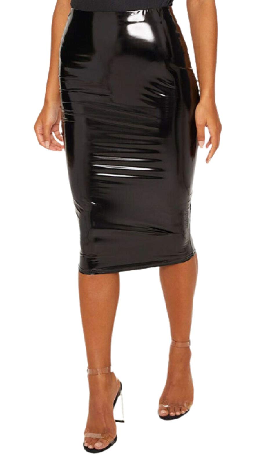 GirlzWalk Womens PU Vinyl Bodycon Midi Skirt Ladies Night Out Party Wet Look Pencil Skirt (ML, Black)