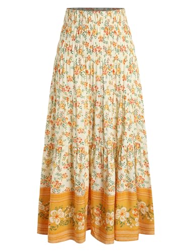 ZAFUL Women’s Summer Boho Maxi Skirts Bohemian Print Smocked High Wasited Flowy Tiered Ruffle Long Beach Skirt 4-Yellow Floral M — view 3