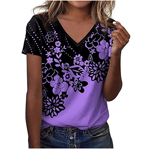 V Neck Tops For Women Summer Dressy Casual Floral Print V Neck Blouse Short Sleeve Loose Fit Tshirts Tops #TOP15