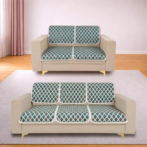 Image of Homerz Premium 'Maharaja Paradise Series' Sofa Cover | Net Fabric Sofa Cover | Washable, Anti-Dust Backed & Wrinkle Resistant Cover (Aqua Lattice, 5 (3+2) Seater, Seat Cover with Backrest)