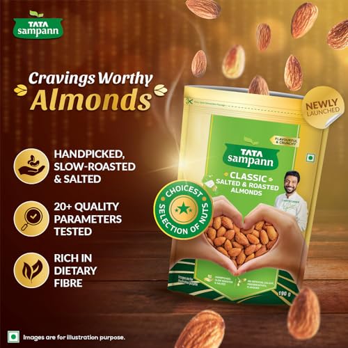 Image of Tata Sampann Classic Salted & Roasted Almonds /Badam, Flavourful & Crunchy Snack, Handpicked, Salted & Slow Roasted Almonds, Rich in Protein, Magnesium, and Phosphorus, No Artificial Colours, Preservatives & Flavours, 190g