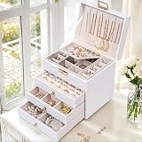 Vandozis Leather Jewelry Box with Lock for Women, 4-Tier 3-Drawer Jewelry Organizer, Large Capacity Vanity Storage Case for Earrings Rings Necklaces, Gift for Her (White)