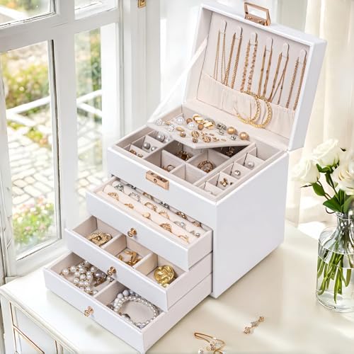 White Leather Jewelry Box – Lockable 4-Tier Organizer