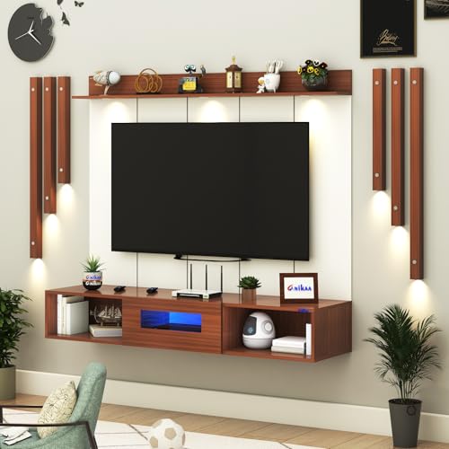 Image of Anikaa NovusPro Engineered Wood Wall Mount TV Unit with PVC Back Panel, Acrylic Blue LED Storage Box, Side Wooden Accent Spot Light Panels I Deal for Up to 50 Inch TV (Walnut - DIY Installation)