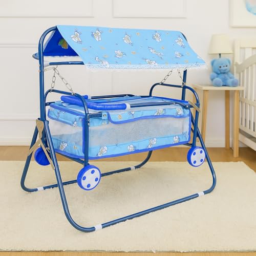 Image of AVANI METROBUZZ Metal Baby Cradle with Wheels, Foldable Design with Canopy for for 0-6 Months Baby Boys and Girls (Blue)