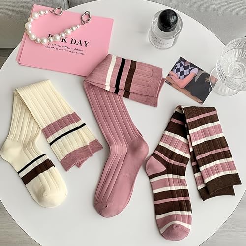 3 Pairs Retro Style Striped Knee High Socks for Women Academic Cotton Stockings for Casual Wear and Sports 7