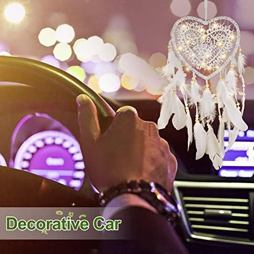 LED Dream Catcher, Handmade Heart Dream Catcher White Dream Catcher with Wooden Beads & 7 Plumages for Boys Girls Friends Bedroom Car Window Wall Hanging Decorations Blessing Ornaments Gift
