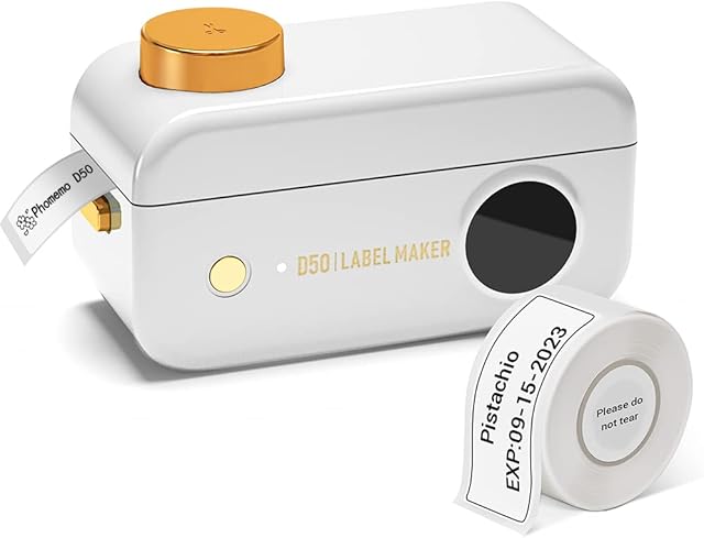 Phomemo Label Maker D50 20-24mm Print Width Label Maker Machine, Labeling Machine, Mini Label Maker Bluetooth Label Printer for IOS & Android,for Storage,Home,Office,School,Organization(White)