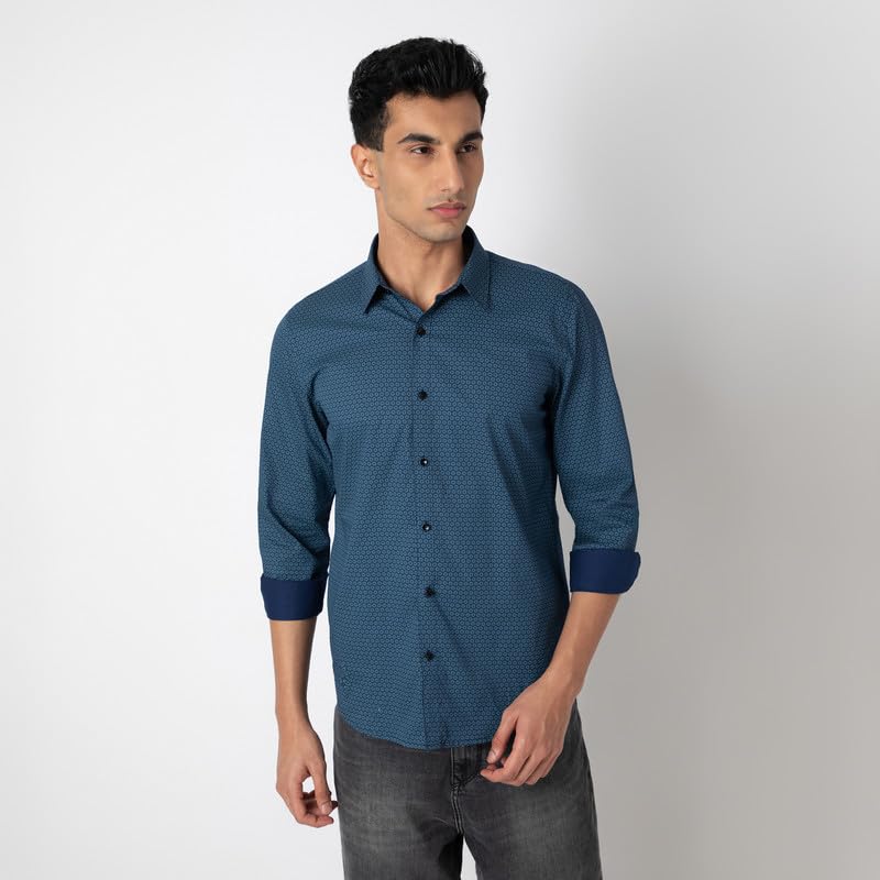 Image of MARK & ALBERT Men's Printed Full Sleeves Regular Fit Shirt Blue | 100% Cotton Stretchable Fabric