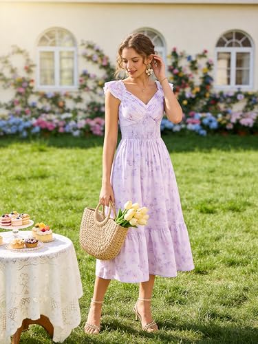 Image of GRACE KARIN Women's Summer Floral Maxi Dress 2026 Ruffle Sleeve Smocked Sundress Flowy Wedding Guest Long Dresses with Pocket