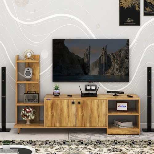 Image of Anikaa Moracca Engineered Wood Floor Standing Modern TV Unit with Side Shelves and 2-Door Cabinet & Open Storage Box Up to 43 inch Entertainment Units | For Living Room-Giantwood Finish | DIY-Installation