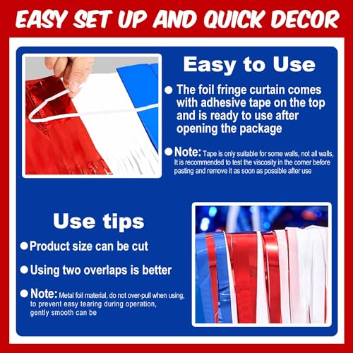 Image of 3 Pack White Blue Red Foil Fringe Curtains Backdrop, 3.28 x 9.8 Ft Metallic Streamers Tinsel Curtains Background for Photo Booth, Birthday, Halloween, Christmas, New Year Party Decorations