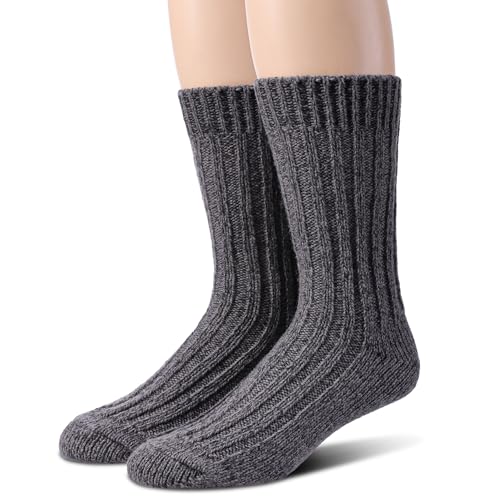 Tough Land 97% Merino Wool Crew Socks for Men & Women – Classic Rib, Thick Knit, Warm Socks for Hiking, Work, Ski – 2 Pairs
