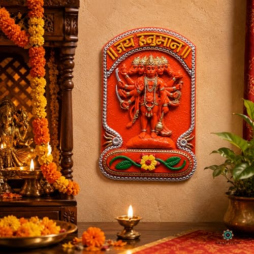 Image of Sindoori Panchmukhi Hanuman Wall Hanging Idol for Home Decor | Marble Dust Hanuman Ji Murti for Pooja Room Temple Entrance Vastu Gift | Orange Glossy Finish