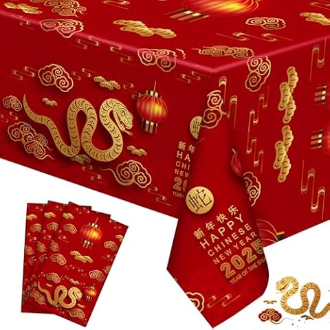 Fanfanwin 3 Pack Chinese New Year Plastic Tablecloth Zodiac Snake Disposable 2025 Happy New Year Party Rectangle Table Covers for Lunar Chinese Spring Festival Party Decor Supplies, 54 x 108 inch Cover