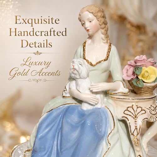 Image of ARMONIA Regal Charm 24K Gold-Plated Lady with Puppy Figurine | Premium Ceramic Decorative Showpiece Statue | Luxury Home Decor for Living Room, Bedroom, Display Shelf | Gift for Women & Housewarming