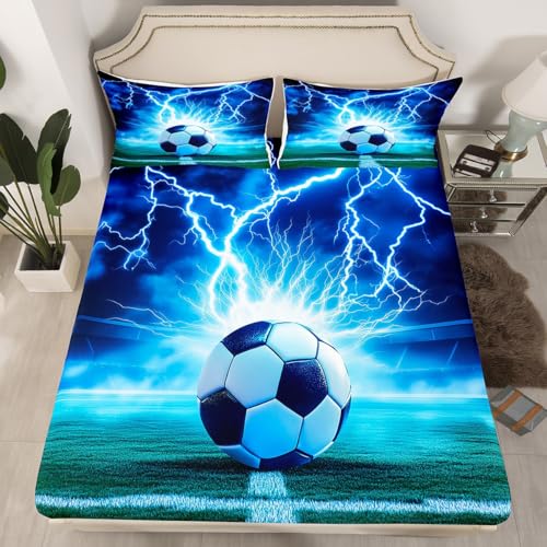 richhome Juego de sábanas para cama individual con diseño de balón de fútbol, sábana bajera ajustable para niños, niñas, adolescentes, juego de ropa de cama transpirable, suave, ligero, regalo para