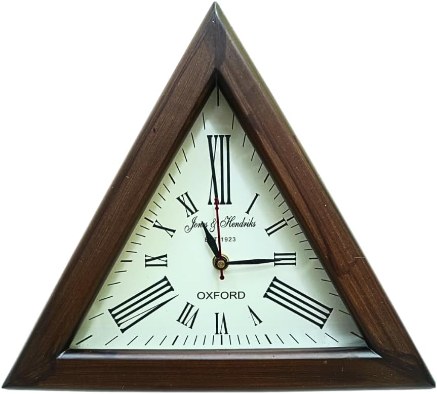 Classic Home Decor Handmade Wooden Triangle Designer Wall Clock Antique Look Style Deep Glass Roman Number for Home, Hall, Office, Farmhouse Decoration (12 Inch)