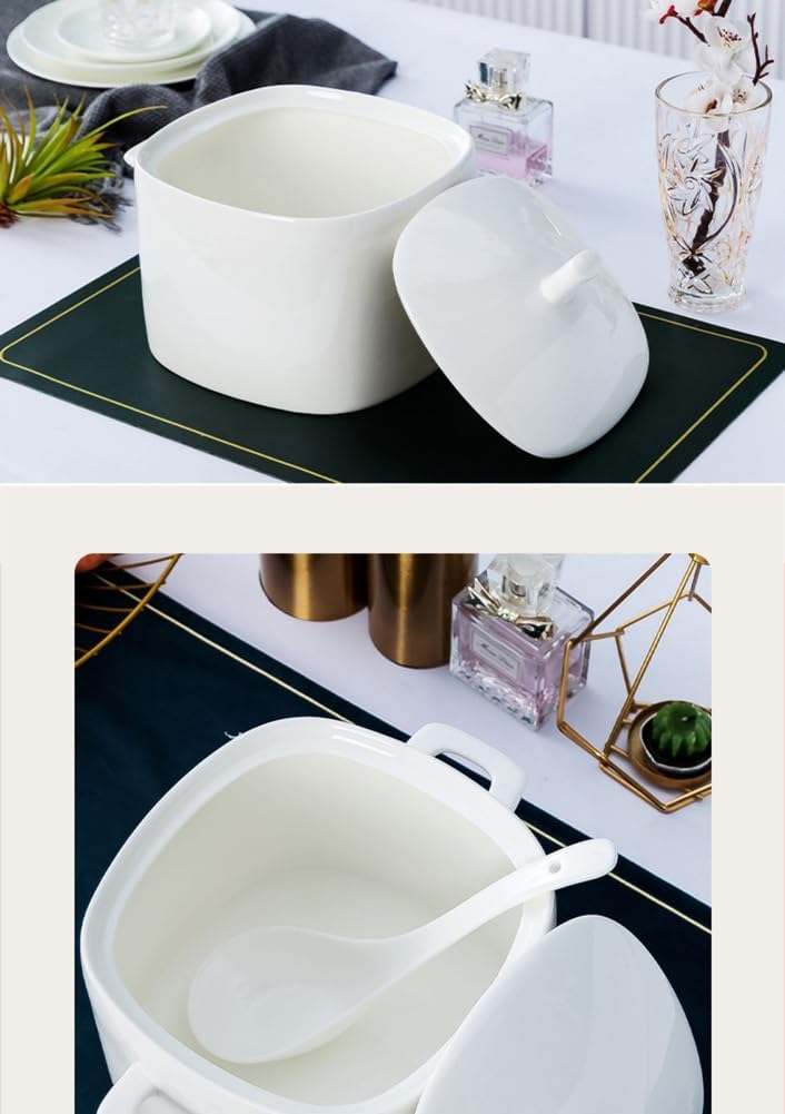White Soup Tureen with Lids,Microwavable Bowl,Bone China Serving Soup Tureen with Lid and Ladle Set, Ceramic Serving Bowl with Cover for Parties Eating Entertaining Home Decor